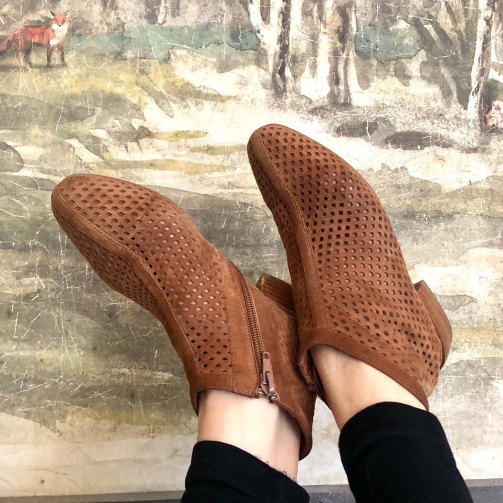 Anthropologie Super soft and flexible perforated suede heeled booties size 6
